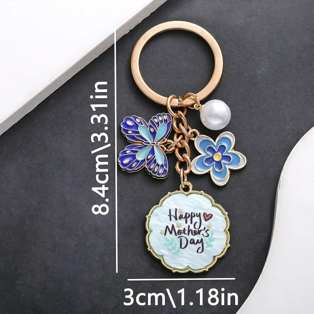 Drop Oil Pink Butterfly Flowers Pearl MOTHER'S DAY Keychain Accessory
