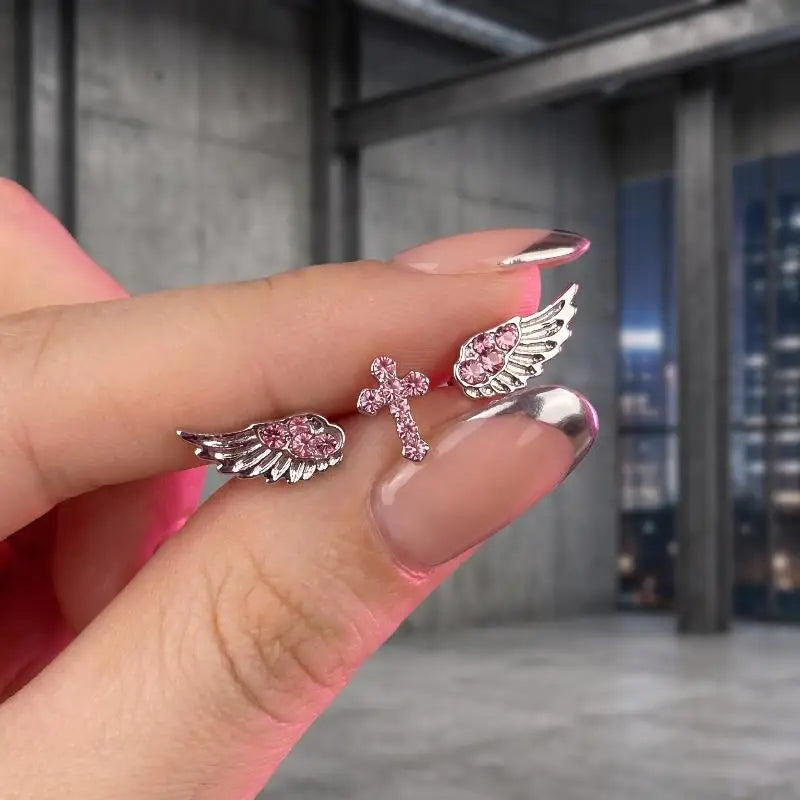 Vintage Punk Pink Zircon Wing Cross Earrings Set 3/4 Pcs
