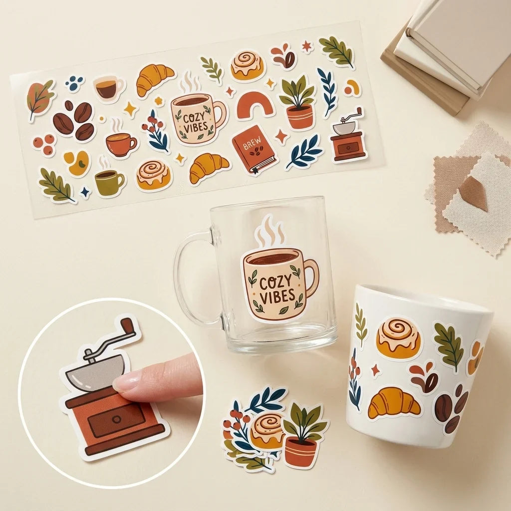 Cozy Coffee UV Transfer Stickers – Waterproof Cafe Decals