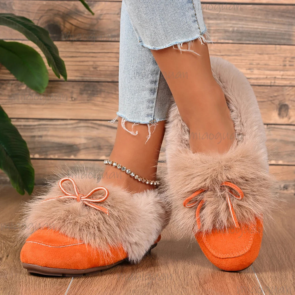 Women's Retro Faux Fur Bow Slip-On Flats – Plush Warm Shoes