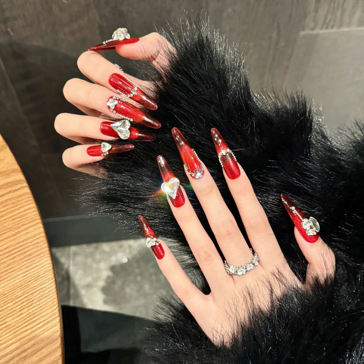 Handmade Press Nails Long Oval Red French Fake Women Girl Wearable