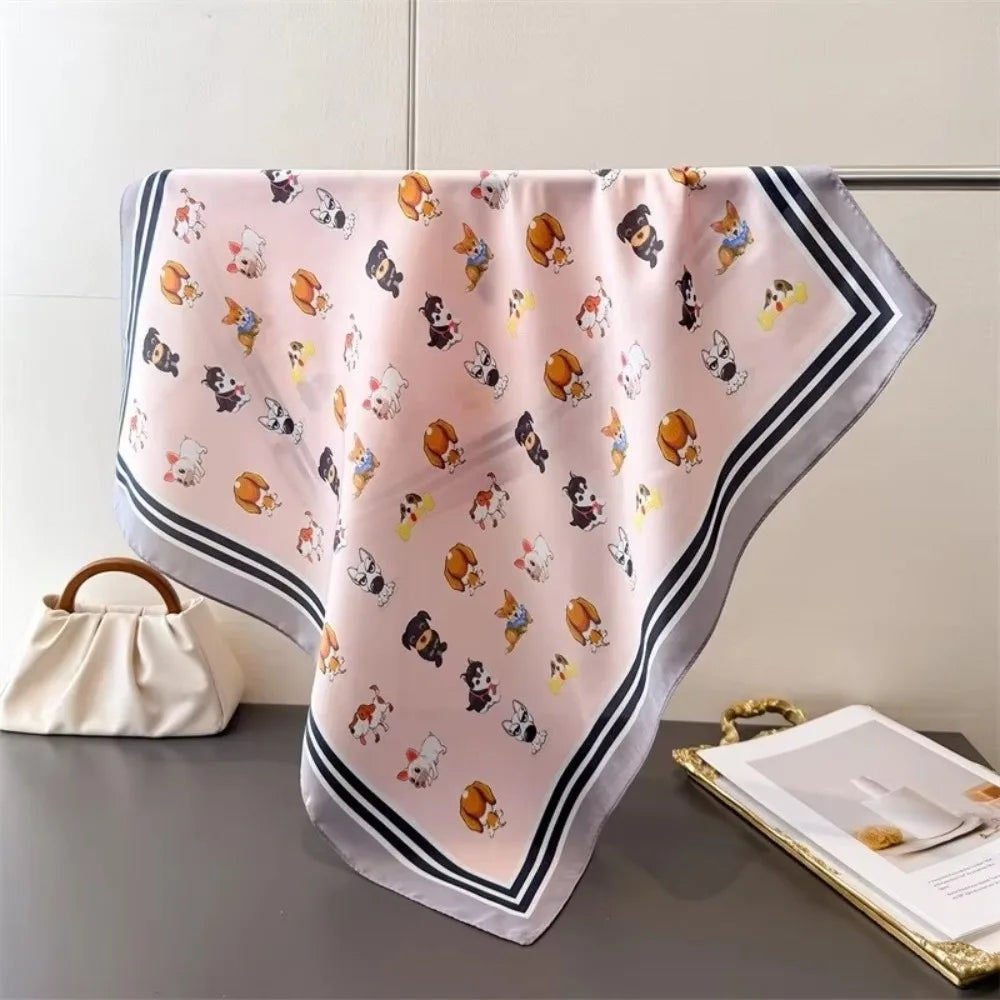 Women's 70x70cm Satin Square Scarf – Cute Dog Print Shawl
