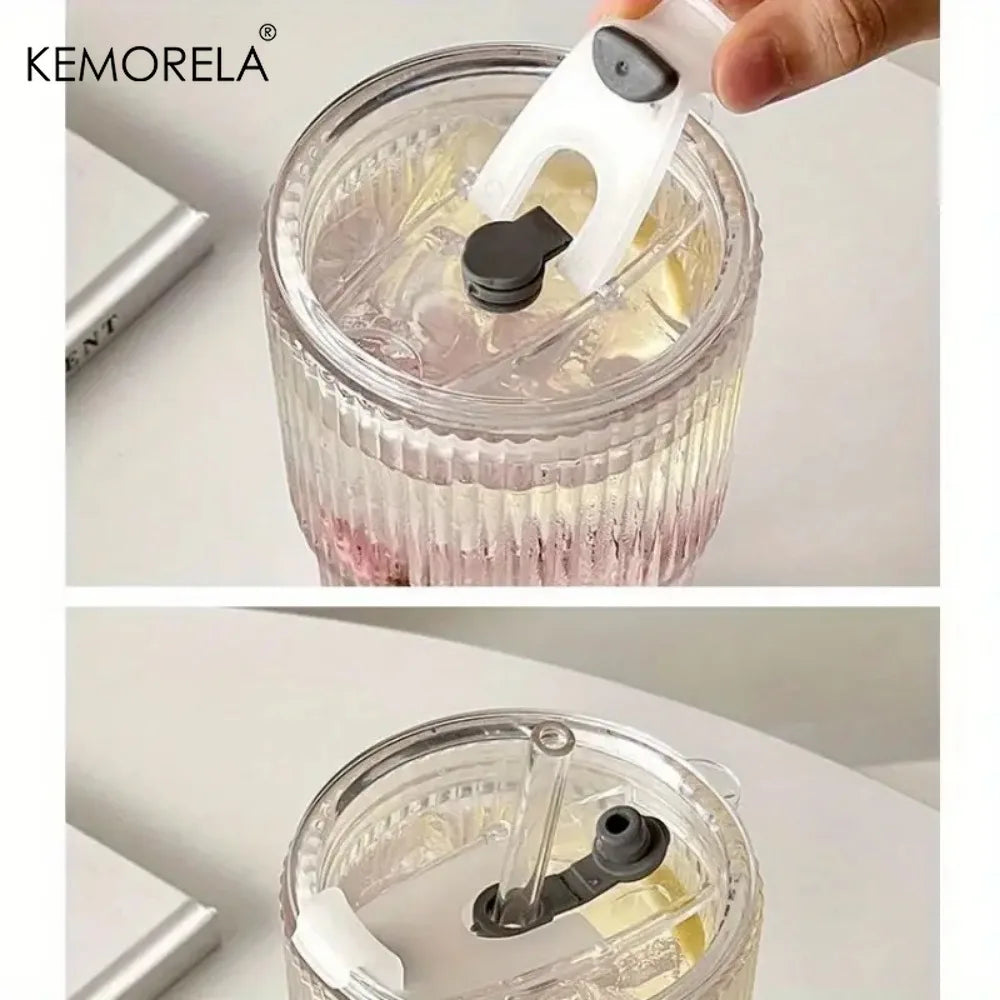 KEMORELA 600ml Stripe Glass Cup with Lid & Straw