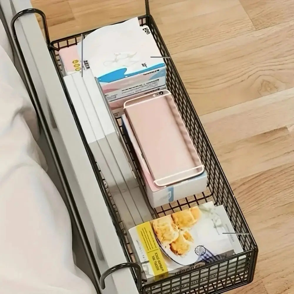 Iron Hanging Bedside Basket – No-Drill Wire Storage Shelf
