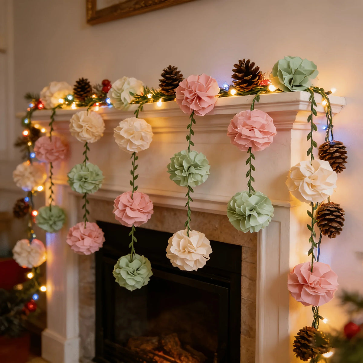 50pcs Paper Flower Table Runner & Pom Pom Garland Party Decor