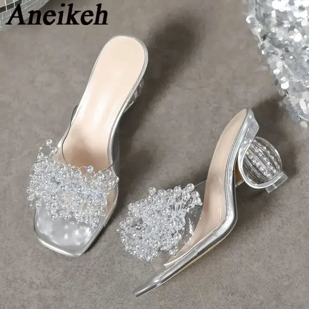Women's Crystal Flower High Heel PVC Mule Sandals | Party Shoes