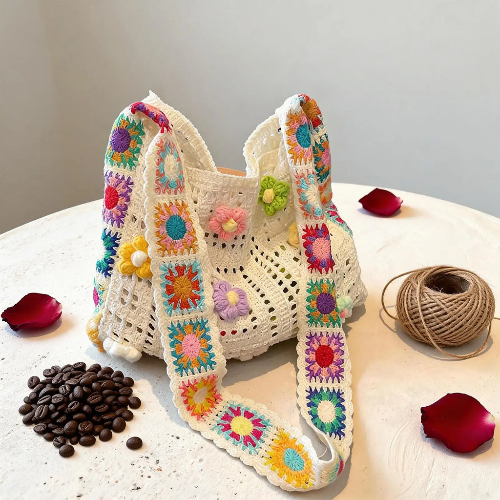 Boho Crochet Flower Tote Bag – Woven Beach Shoulder Handbag