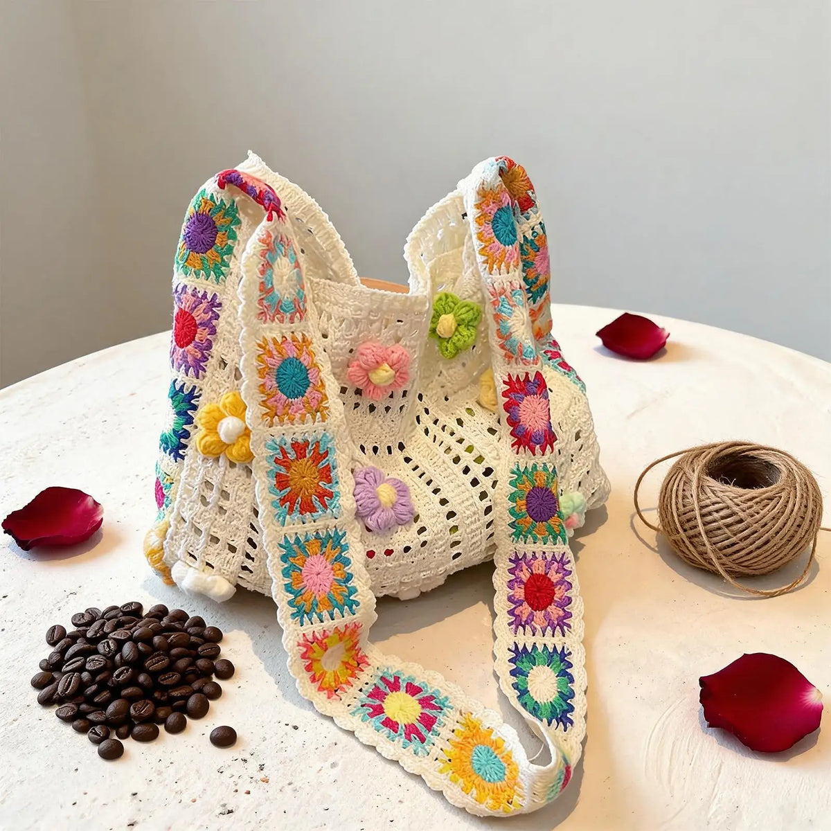 Boho Crochet Flower Tote Bag – Woven Beach Shoulder Handbag