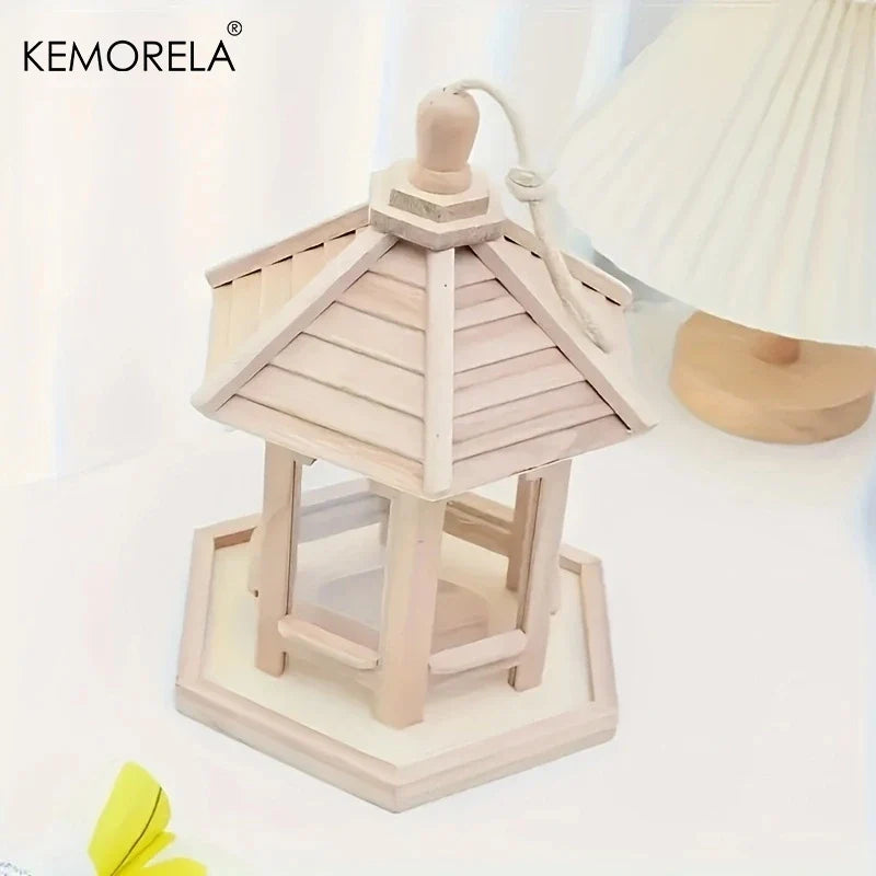 KEMORELA Wooden Hanging Bird Feeder House – Woven Outdoor Decor