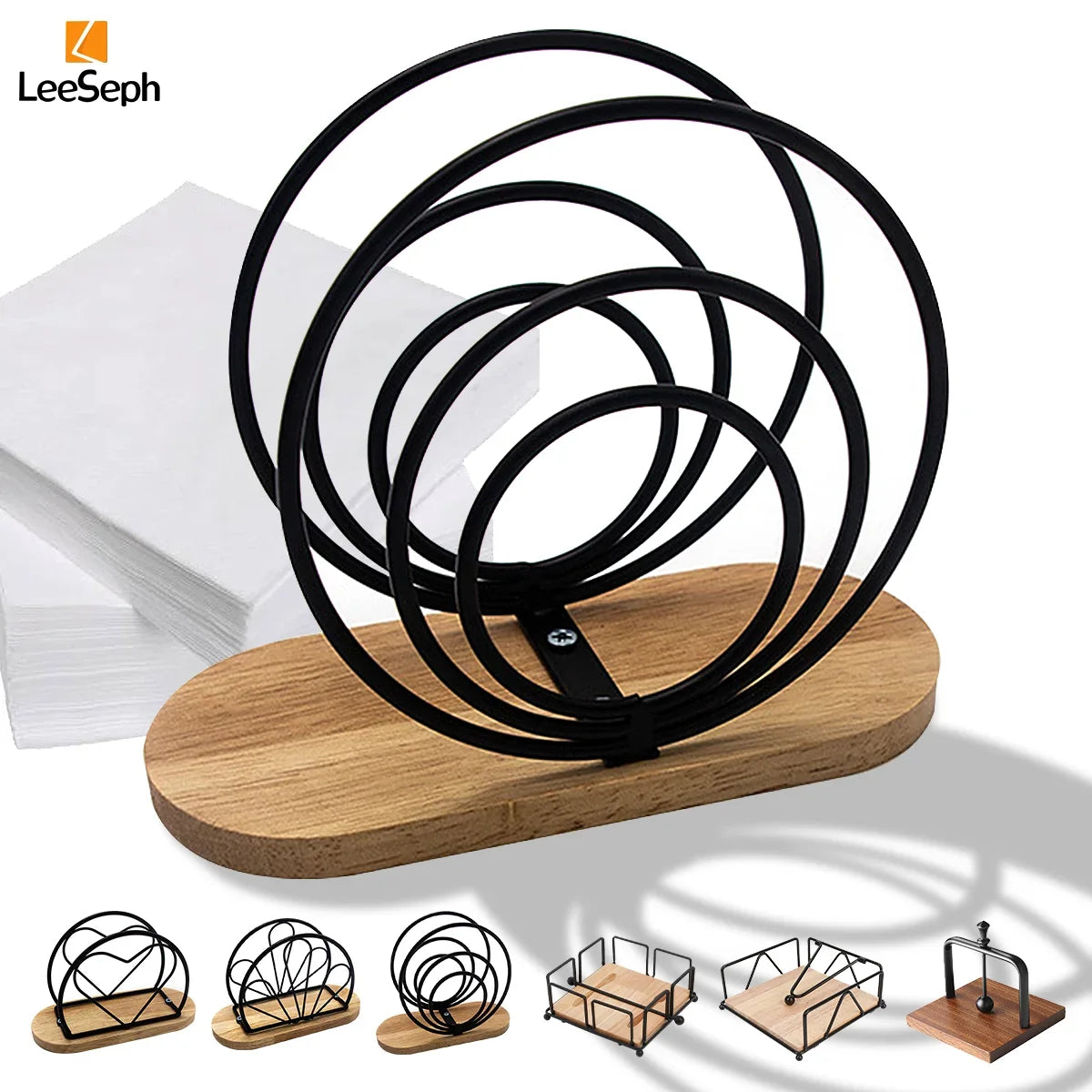 Modern Napkin Holder with Wooden Base | Gold, Black, White