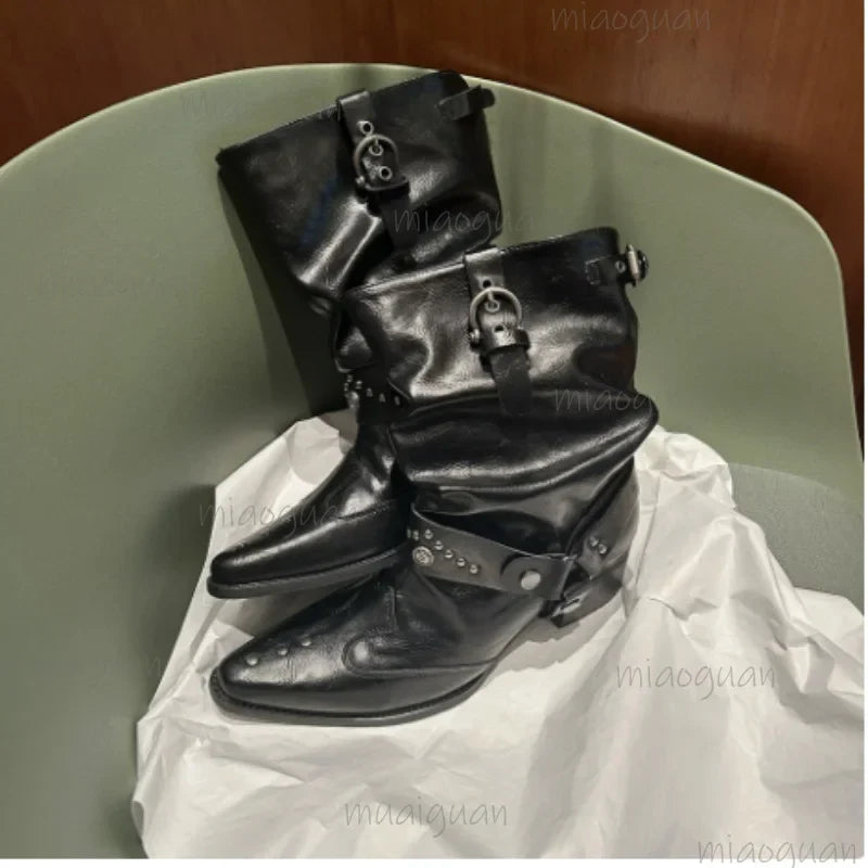 Women's Western Rivet Buckle Ankle Boots – Pointed Toe Heels