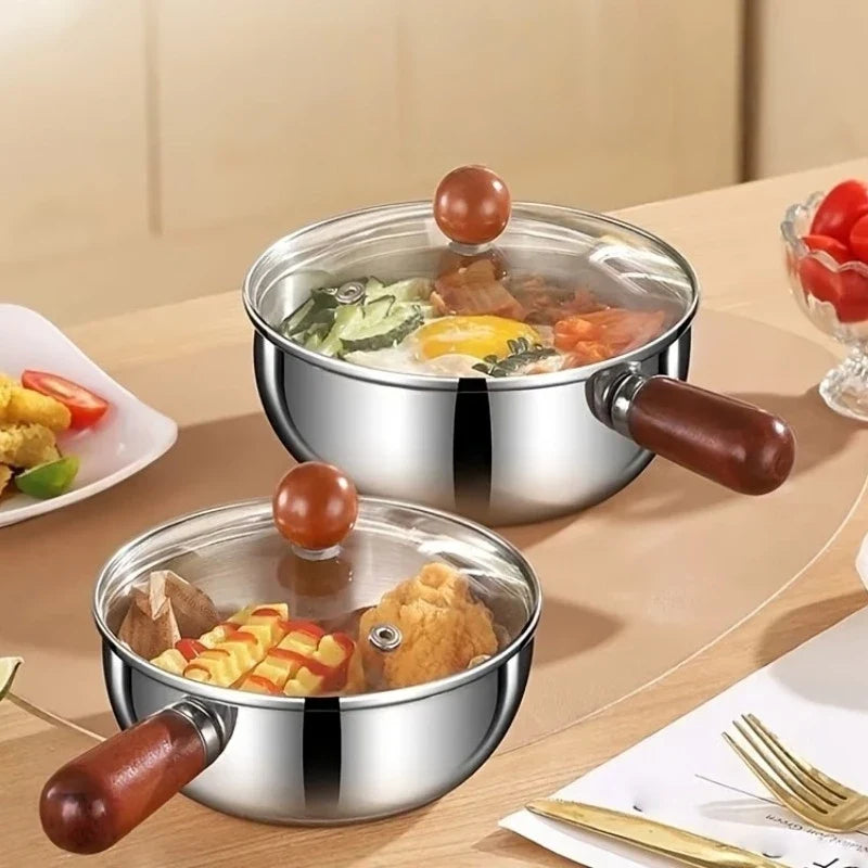 Korean Ramen Pot Lid Stainless Steel Wooden Handle Noodle Cooker 1-2