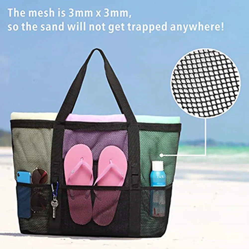PEAKINBAGS Mesh Beach Tote Bag – Large Multi-Pocket Pool Bag