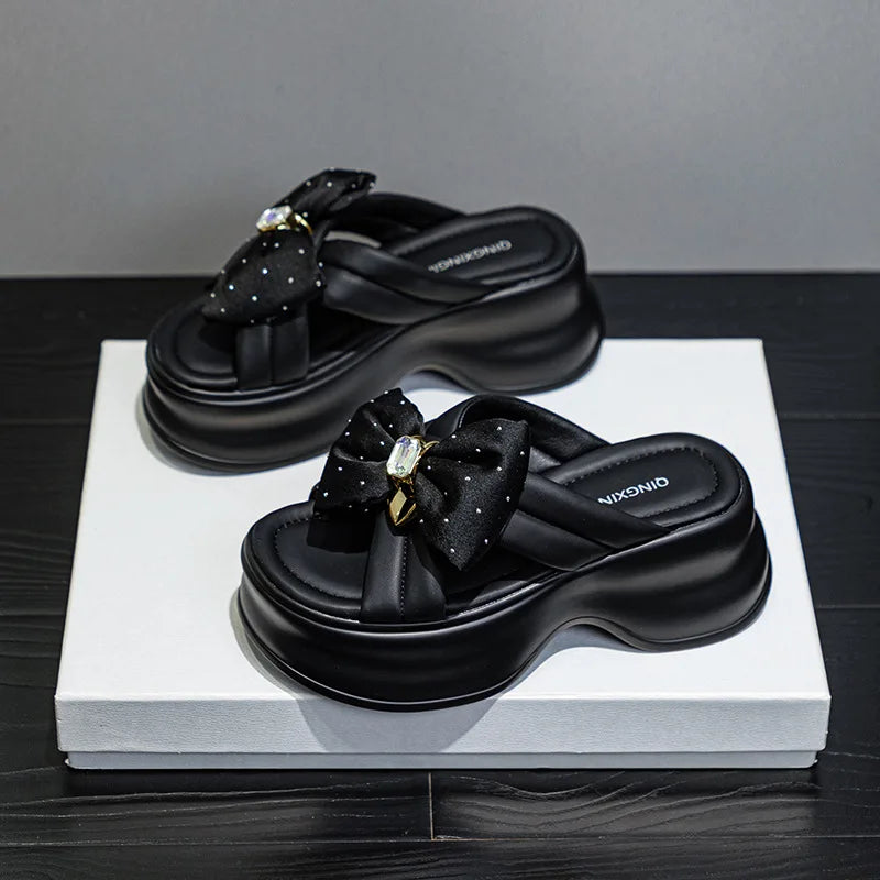 Women's Wedge Sandal Slippers – Butterfly Knot Rhinestone High Heel