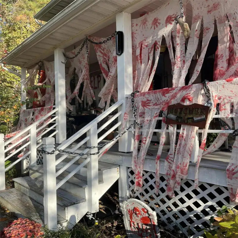 Halloween Bloody Handprints Door Curtain Scary Blood Stained Gauze