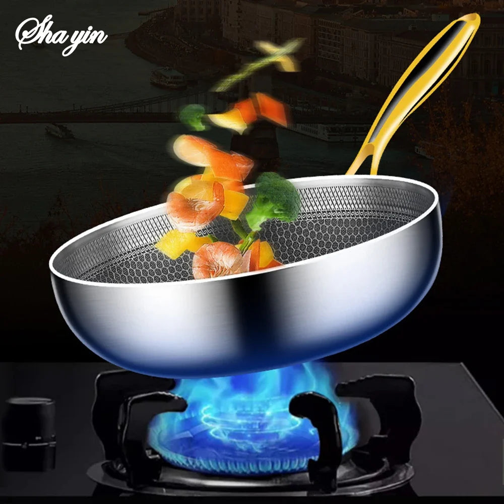 316 Stainless Steel Frying Pan Wok Non-stick Cooking Honeycomb Steak