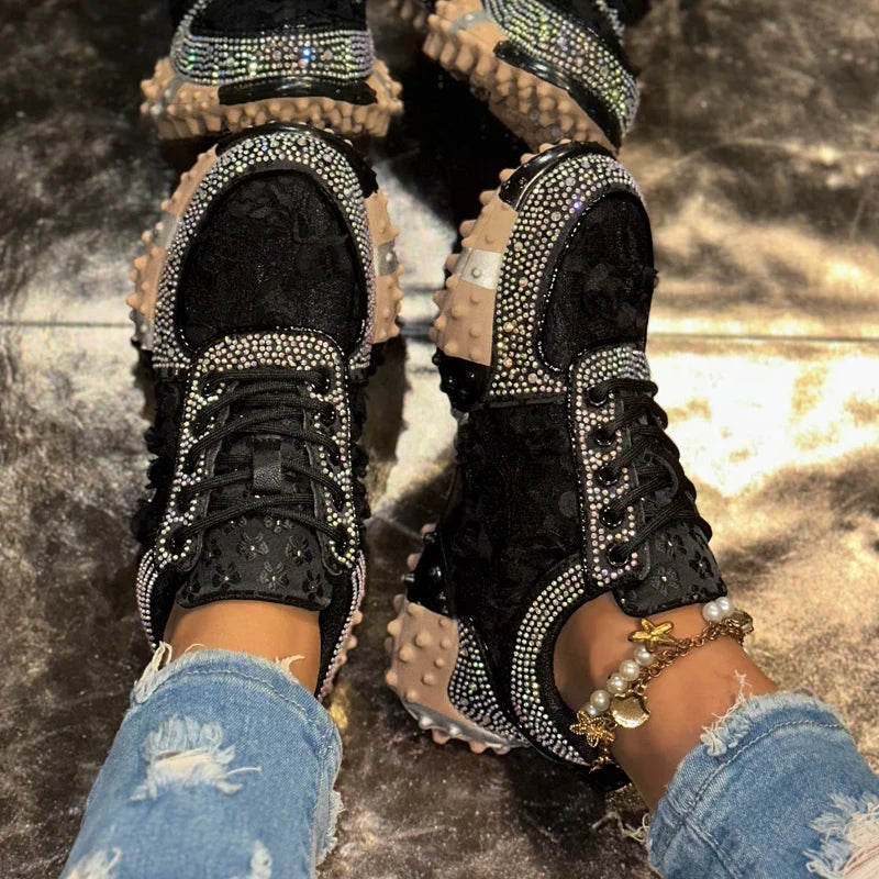 Women's Rhinestone Sneakers – Thick Sole Casual Sport Shoes