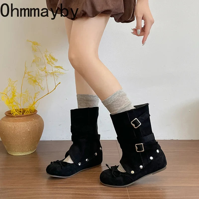 Women's Vintage Hollow-Out Wedge Boots – Multi Buckle Slip-On