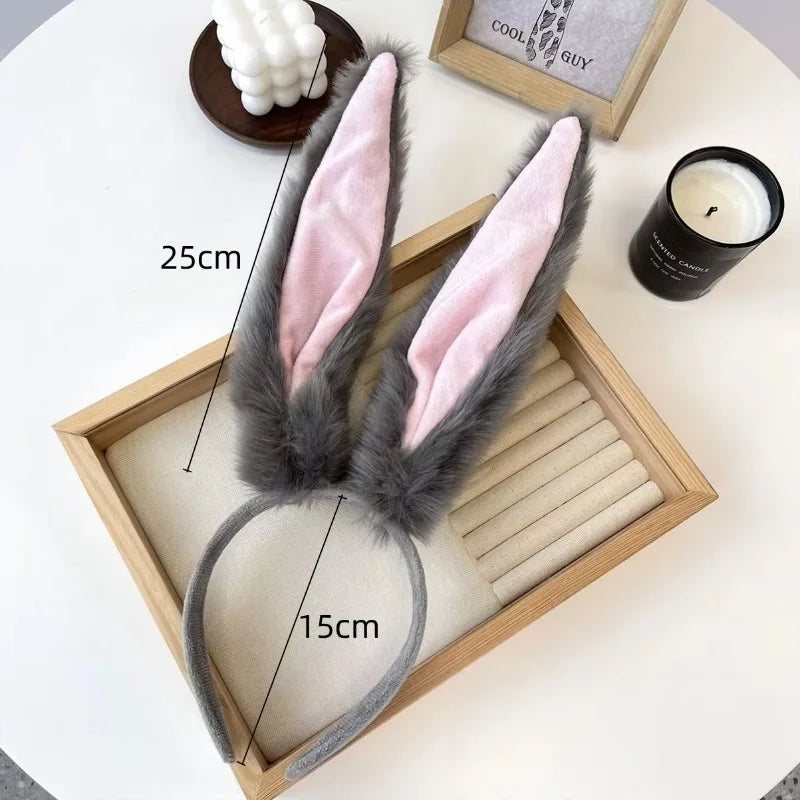 Plush Rabbit Ear Headband – Grey & Pink Cosplay Hair Hoop