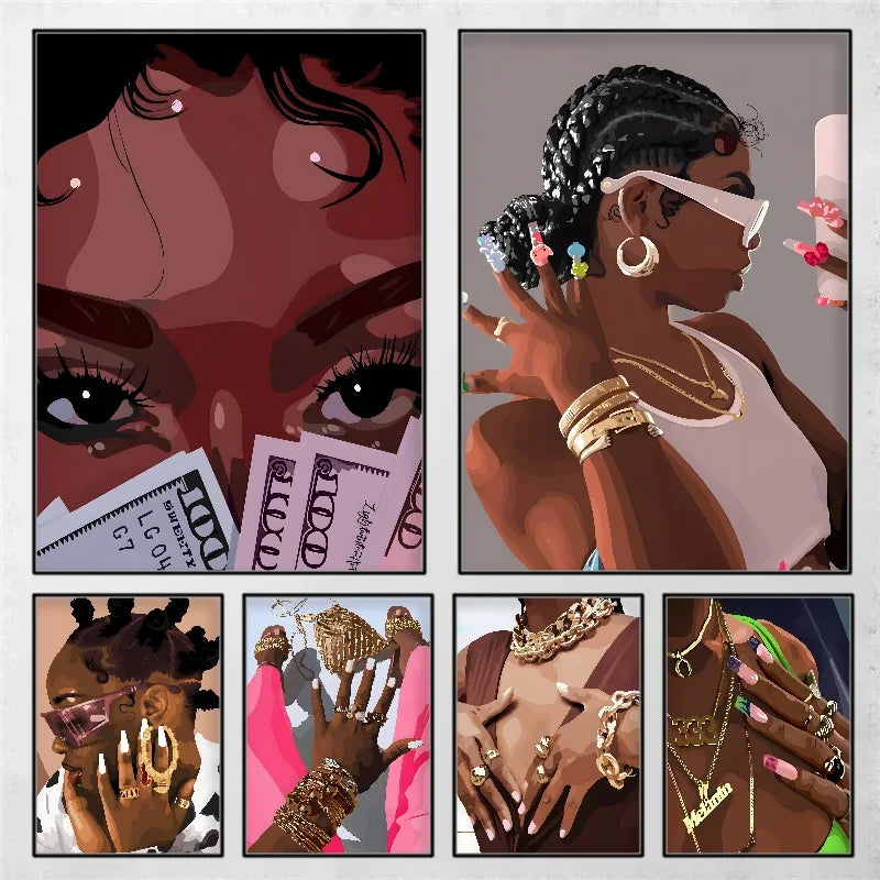 Hip Hop Black Girl Gold Jewelry Wall Poster | Self-Adhesive