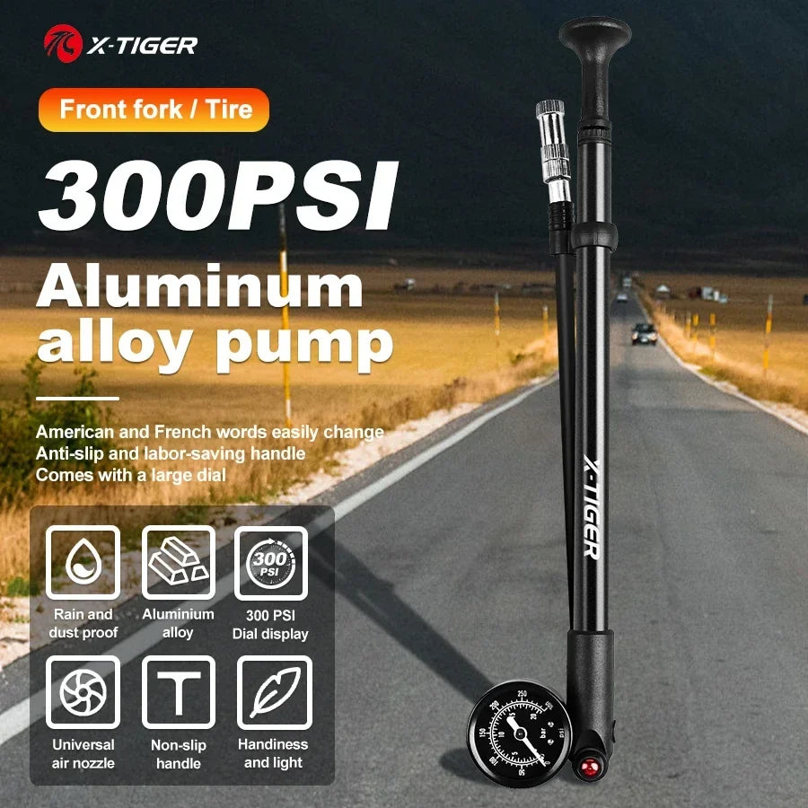 X-TIGER 300PSI Portable Bike Pump with Pressure Gauge | AV/FV