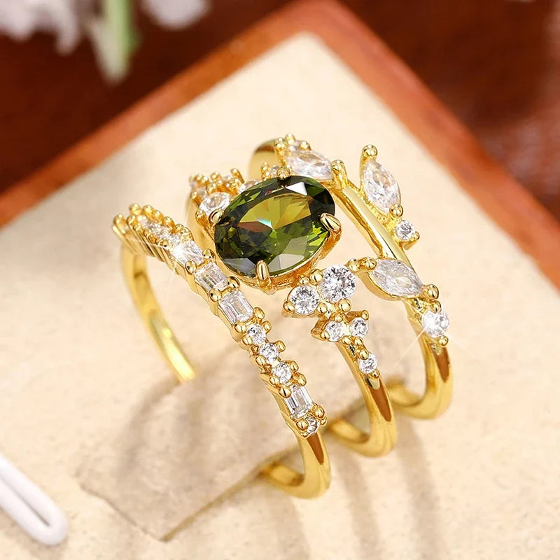 Huitan 3-Piece Olive Green CZ Gold Bridal Ring Set for Women