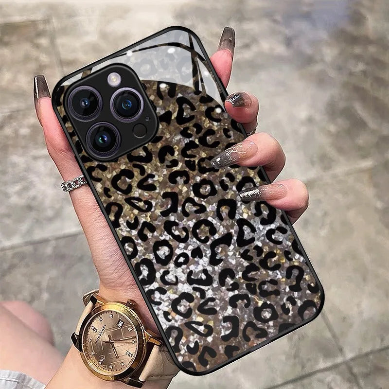 Leopard Print Glass iPhone Case | 11 12 13 14 15 16 17 Pro