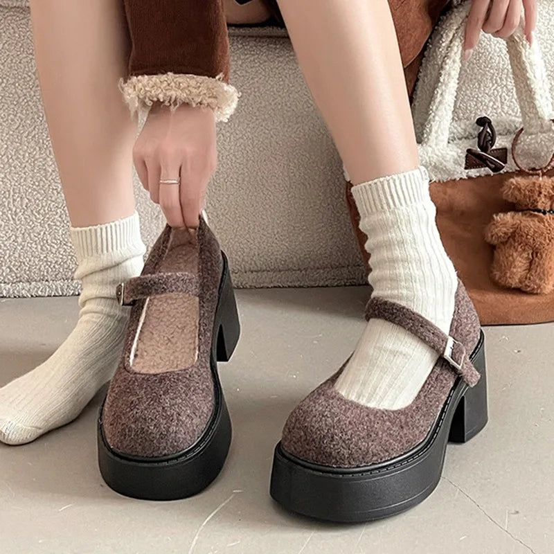 Women's Faux Suede Chunky Heel Pumps – Buckle Strap