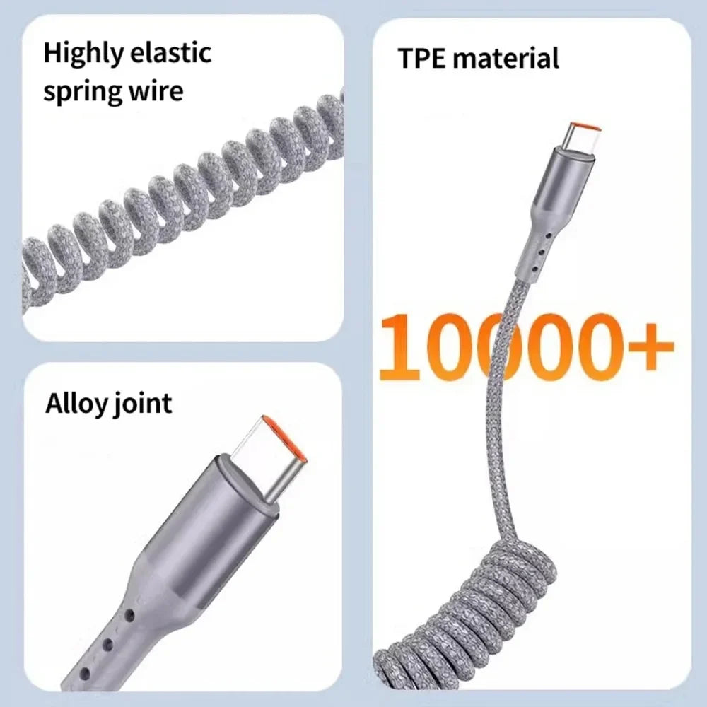 100W USB-C Retractable Spring Car Charger Cable | Fast Charge