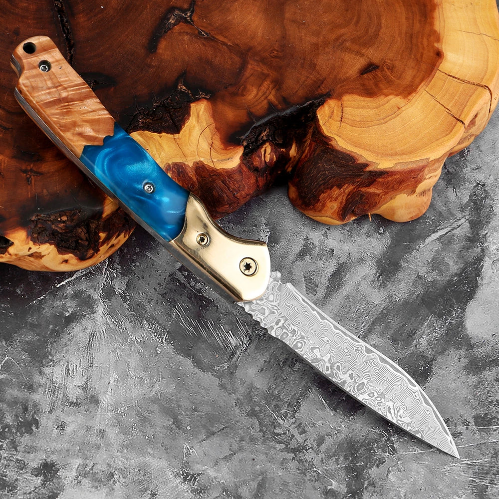 Damascus Steel Folding Knife – Rosewood & Resin Handle | EDC
