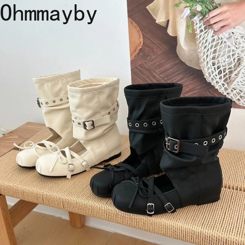 Women's Hollow Out Wedge Sandal Boots – Bow Buckle Mid-Calf