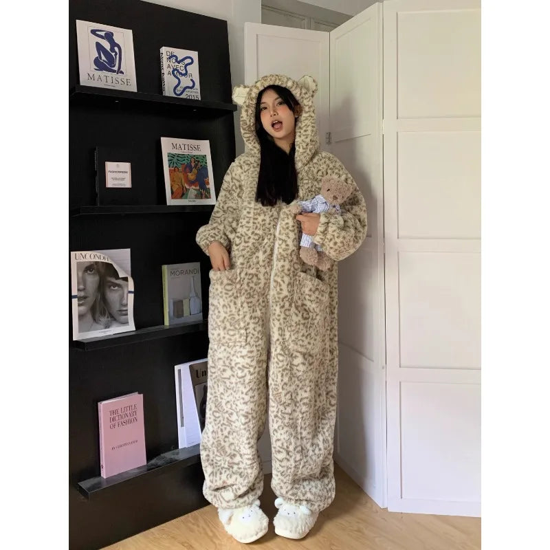 Women's Hooded Leopard Print One-Piece Fleece Pajamas