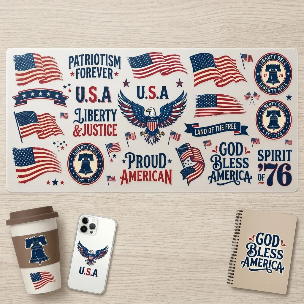 July 4th Patriotic UV Transfer Stickers | USA Flag Eagle Decals