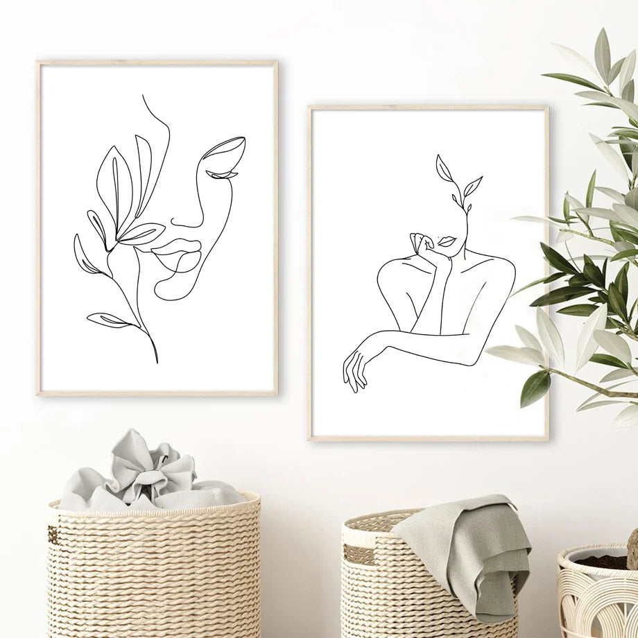 Nordic Minimalist Canvas Wall Art – Abstract Woman Face Line Art