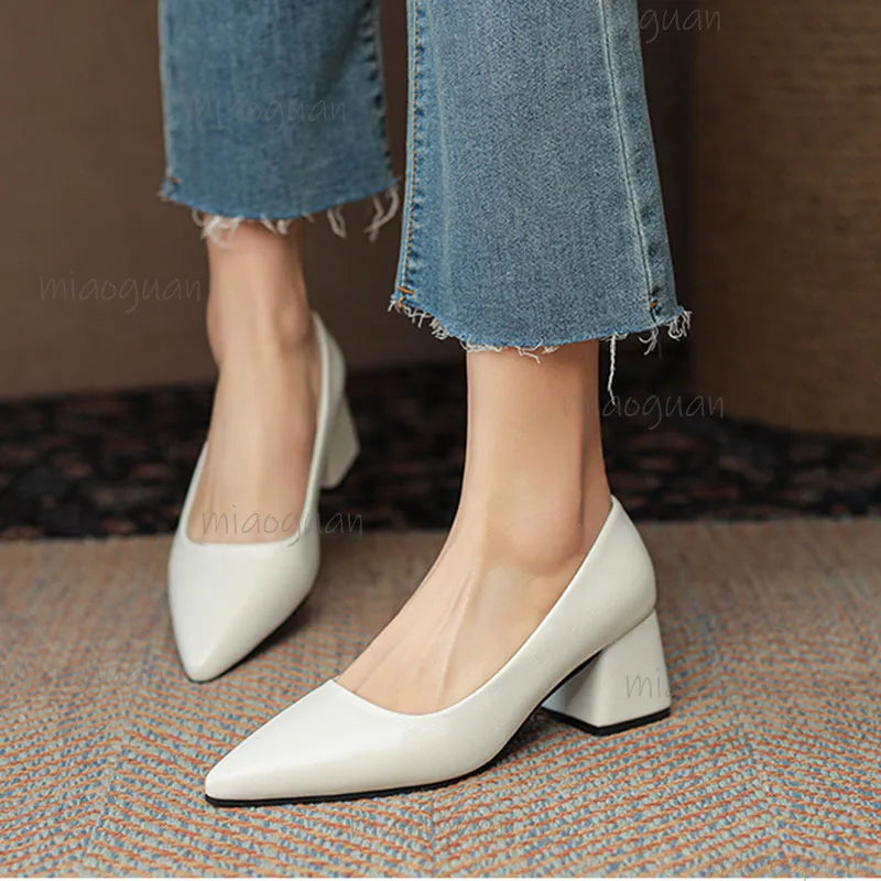 Women's Pointed Toe Block Heel Pumps – Office Slip-On Shoes