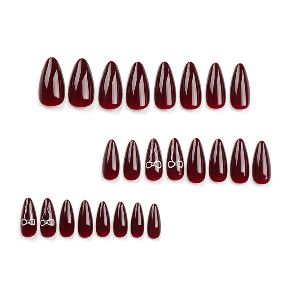 Korean Bow Press On Nails – Wine Red Almond | 24pcs Set