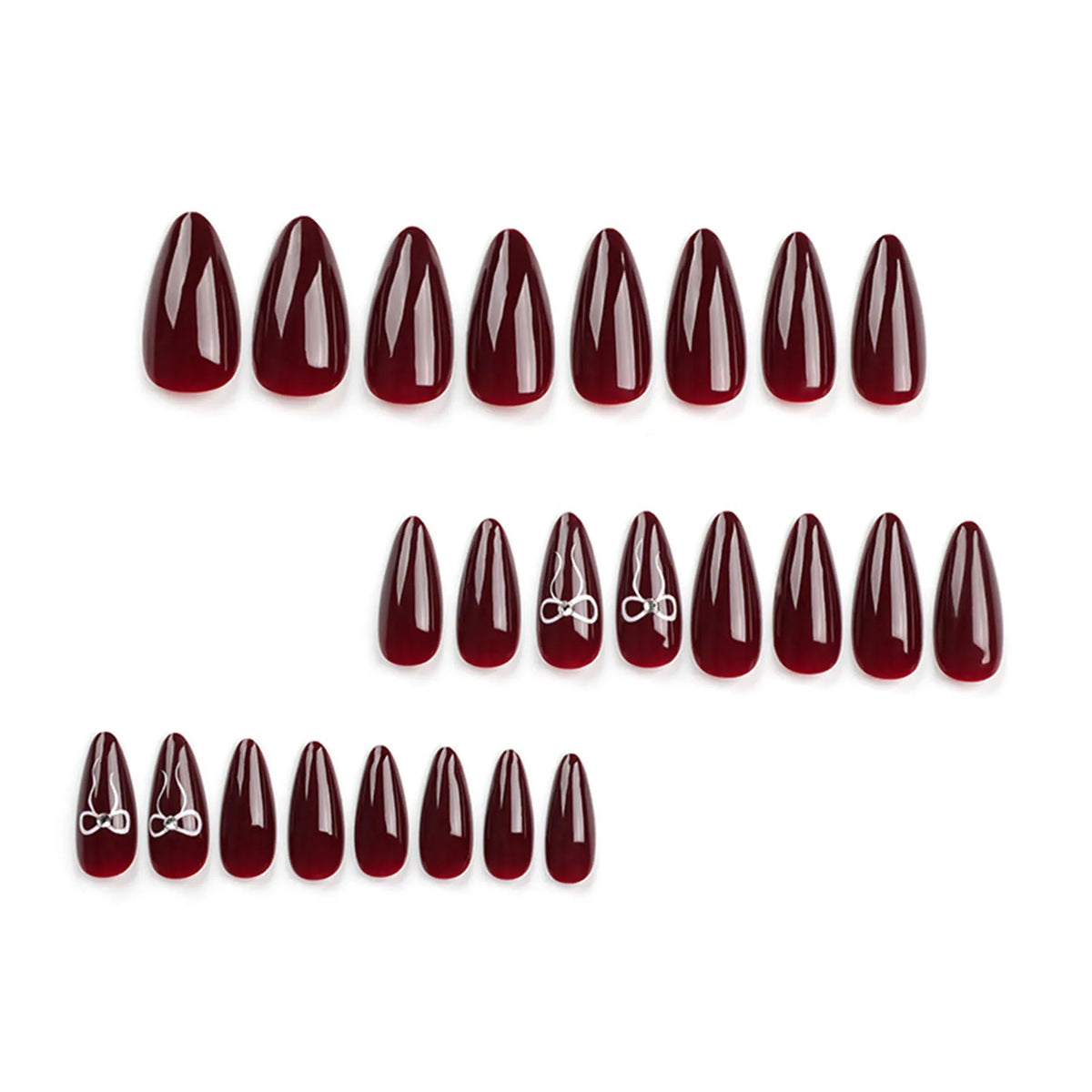 Korean Bow Press On Nails – Wine Red Almond | 24pcs Set