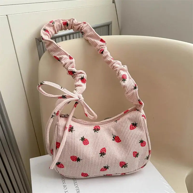 Corduroy Mini Shoulder Bag | Strawberry Print Half Moon Tote