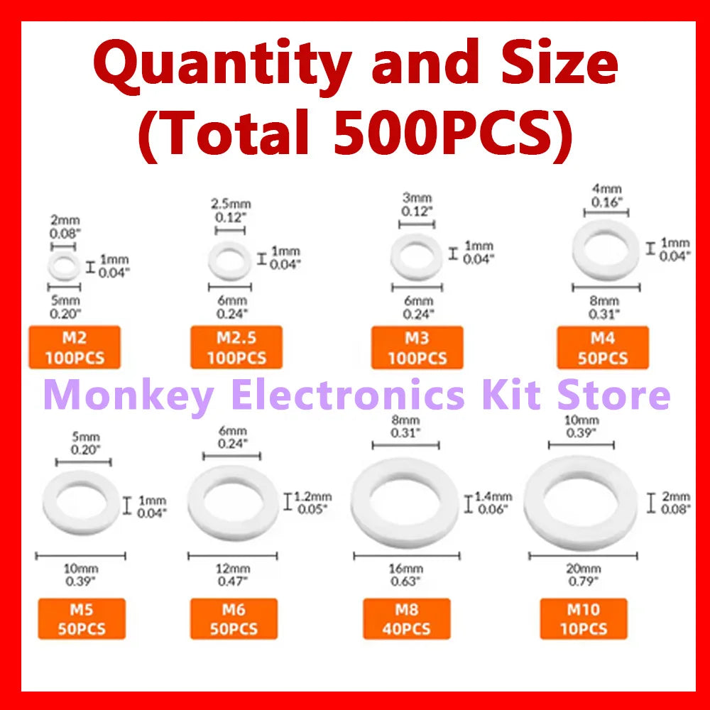 500 PCS Nylon Flat Washer Kit – M2 to M10 Insulation Gaskets