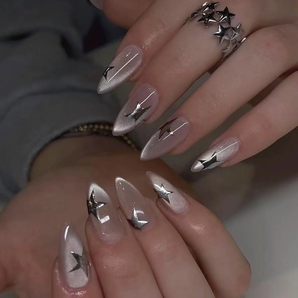 24pcs Y2K 3D Silver Star Press On Nails | Cat Eye Almond Glitter