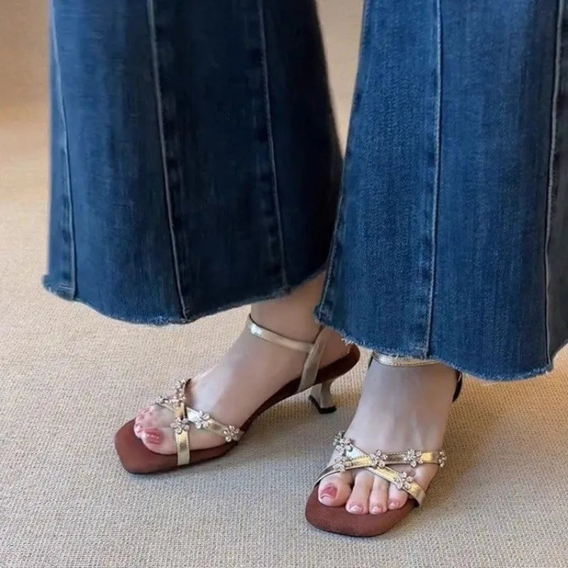 Women's Flower Buckle Peep Toe Low Heel Sandals | Party Shoes