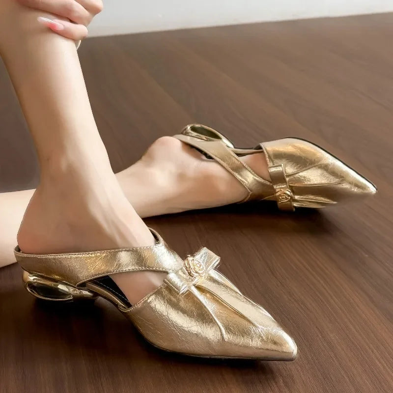 Women's Metal Camellia Block Heel Sandals – Pointed Toe Slip-On