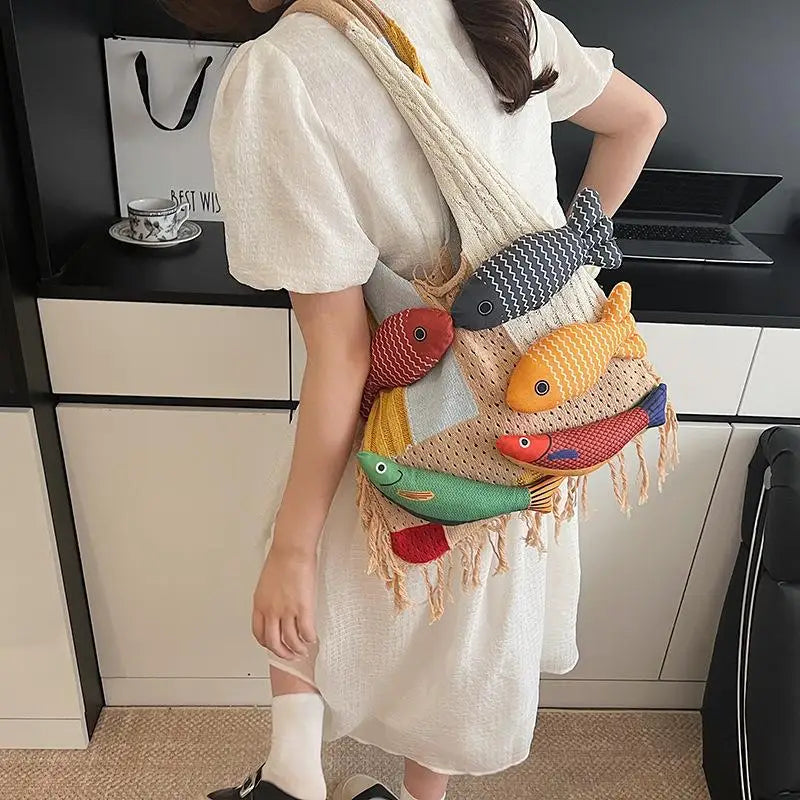 Tassel Knit Fish Tote Bag – Cute Casual Shoulder Handbag