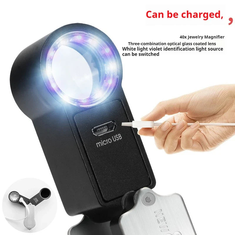 40X Rechargeable Magnifying Glass White & UV Light Loupe