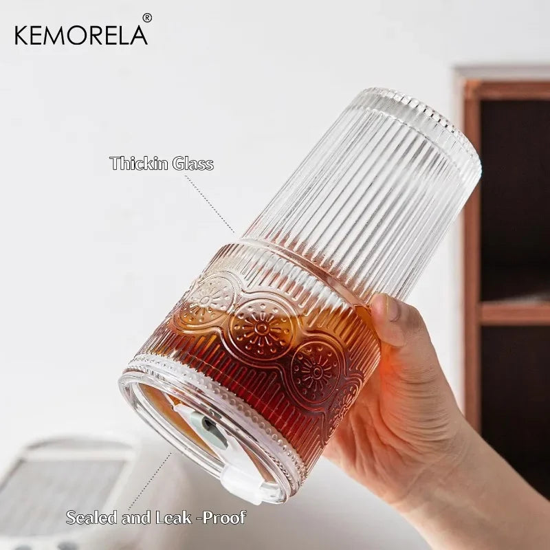 KEMORELA 600ml Floral Glass Tumblers with Lid & Straw