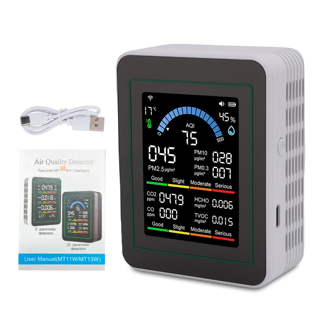 10-in-1 Indoor Air Monitor LCD Screen PM2 5 PM10 CO2 Formaldehyde