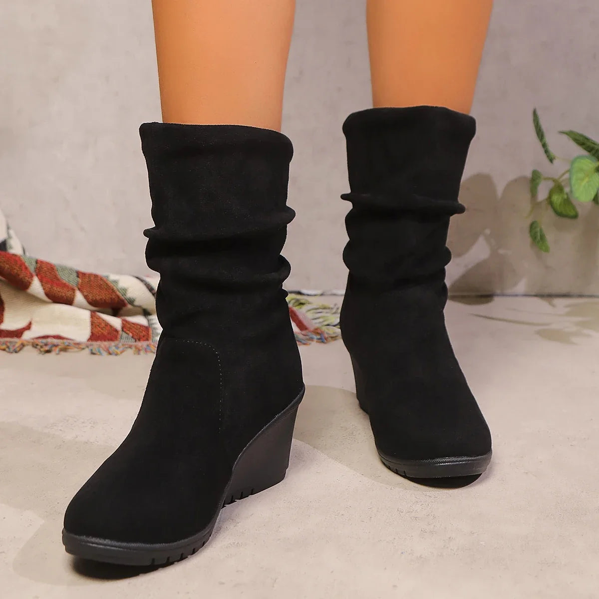 Women's Wedge Ankle Boots – Cow Suede Slip-On High Heel
