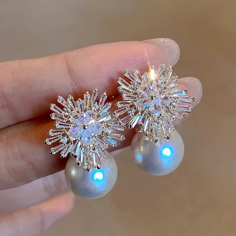 Huitan CZ Flower Pearl Drop Earrings – Wedding & Party Jewelry