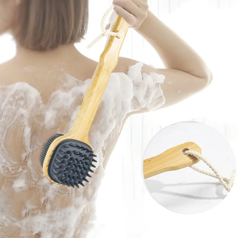Soft Silicone Body Cleansing Brush Detachable Long Wooden Handle