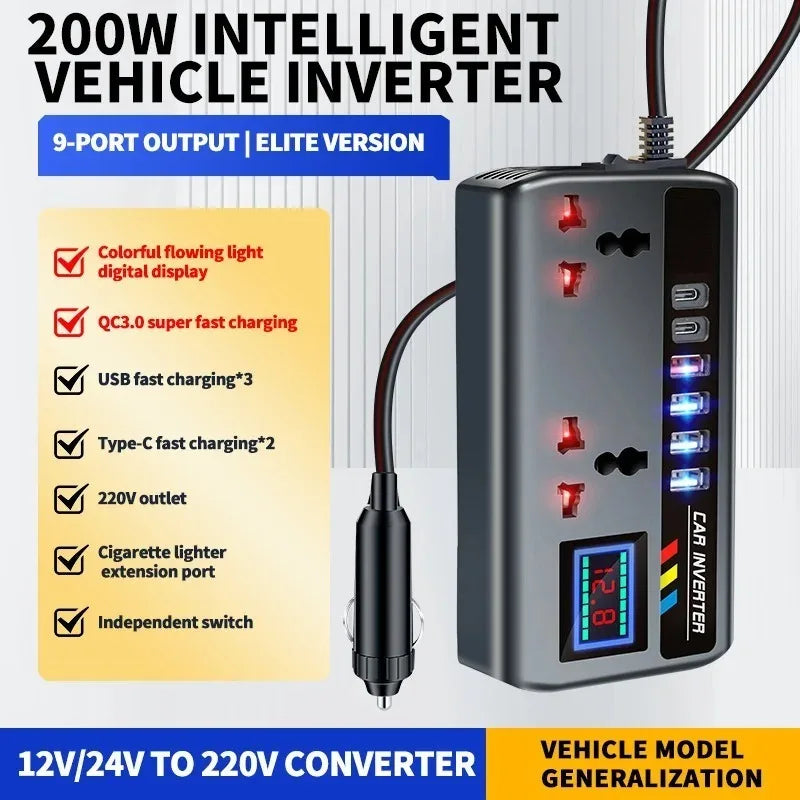 200W Car Power Inverter 9-in-1 | DC 12/24V to AC 220V + USB-C PD